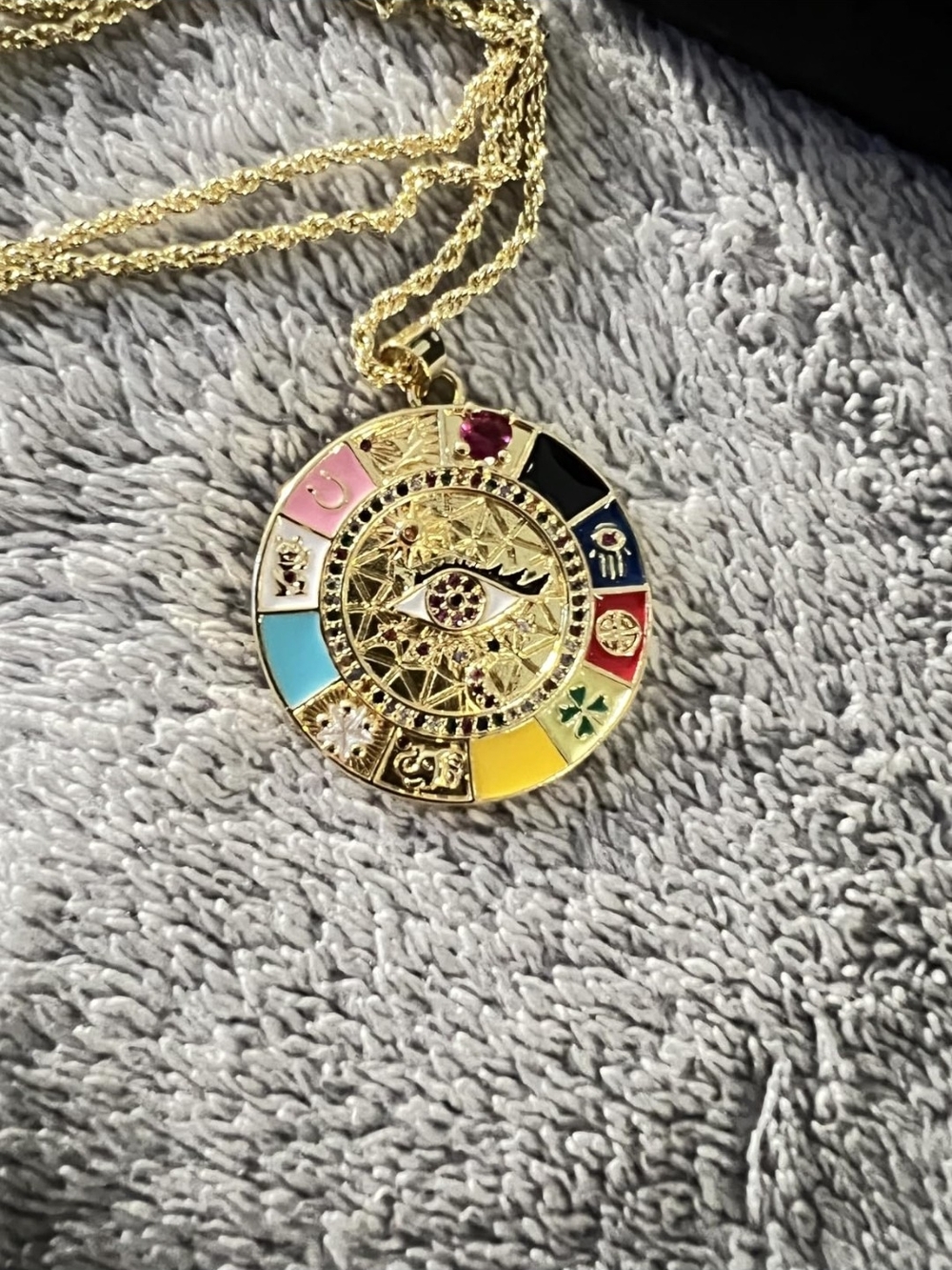 Gold Multi-Color Enamel Lucky Eye Pendant Necklace - Picture 3 of 7